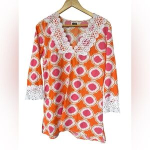 Mud Pie Size Medium Women’s Pink & Orange Coastal Cotton blouse cotton lace